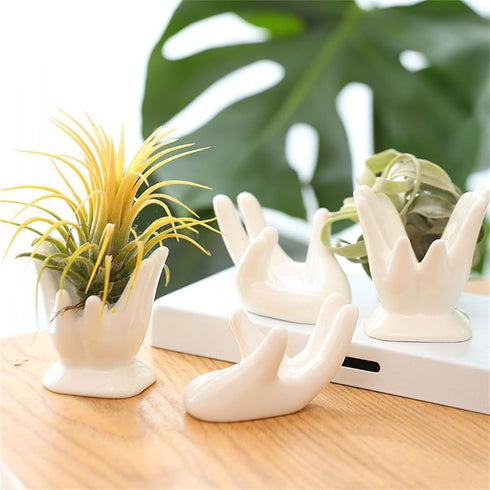 ourhommie Air Plant Holder Cute Ceramic Mini Hand Shape Stand Airplants Tillandsia Small Container Pot Plant Decorative