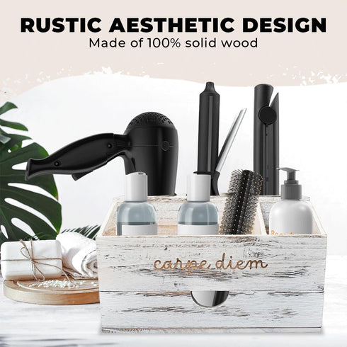 Bathroom Hair Tool Organizer, White Blow Dryer Holder, Rustic Hair Organizer Storage for Vanity with Brush Holder