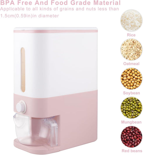 Rubtlamp 22.5 Lbs Pink Rice Dispenser - Rice Storage Container with Measuring Cup for Household Kitchen Use.