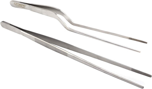 O'Creme Culinary Stainless Steel Tweezer Tongs Set of 2 - 10 Inch Straight & 8 Inch Offset (Silver)