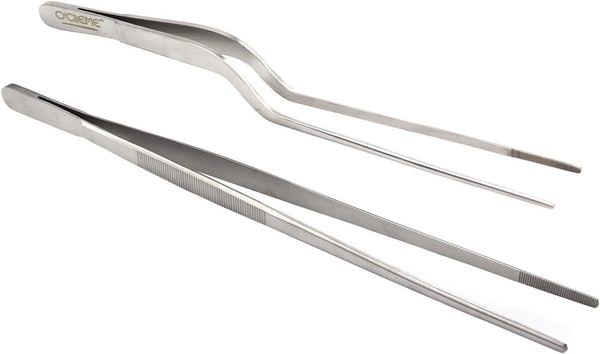 O'Creme Culinary Stainless Steel Tweezer Tongs Set of 2 - 10 Inch Straight & 8 Inch Offset (Silver)