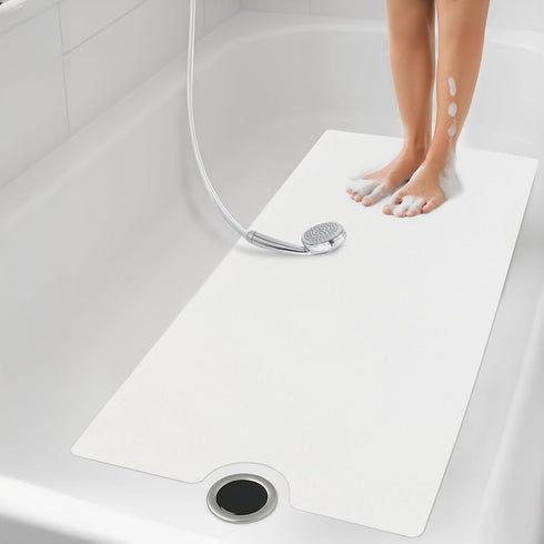 Peel and Stick Bathtub Mat, White Adhesive Vinyl Anti Slip with Drain Cut Out, 16" X 40"