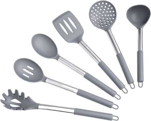 Silicone Kitchen Utensils Set, 6-Pieces Grey Cooking Utensils for Nonstick Cookware, Silicone Spatulas with Stainless