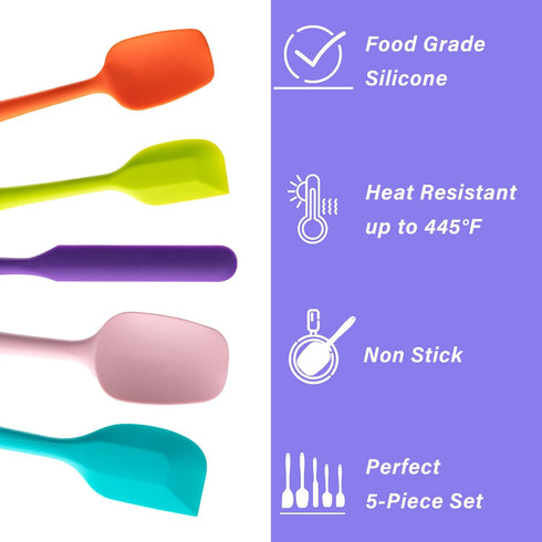 Silicone Spatula Set, 5 Piece Food Grade Rubber Spatulas for Baking, Cooking, and Mixing, Multicolor