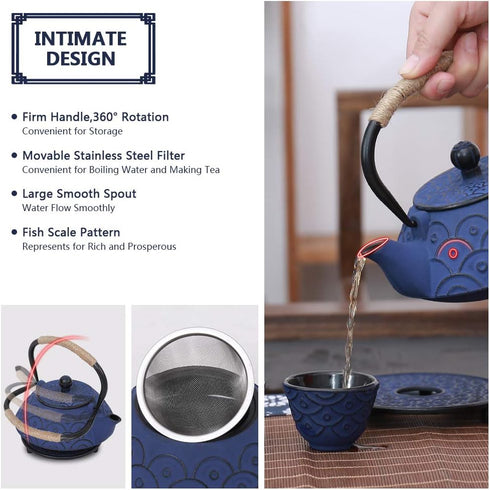Set 4 Japanese Style Cast Iron Teapot with Tea Cups Iron Tea Kettle with Infuser Hemp Rope Trivet Asian Gift for Adults