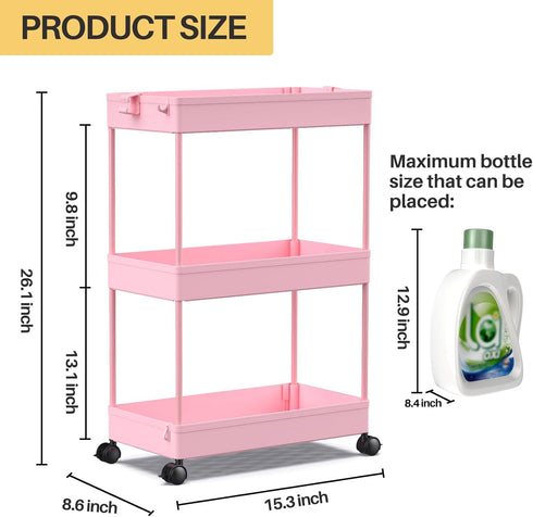 SPACEKEEPER Rolling Storage Cart, 3 Tier Bathroom Organizer, Mobile Shelving Unit for Office, Kitchen, Bathroom, Pink