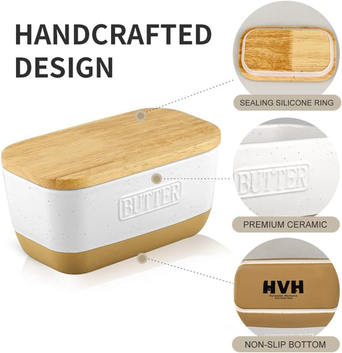 Countertop, HVH Ceramic Butter Dish with Lid for Airtight Butter Keeper with Wooden Lid, Butter Dishes with Covers