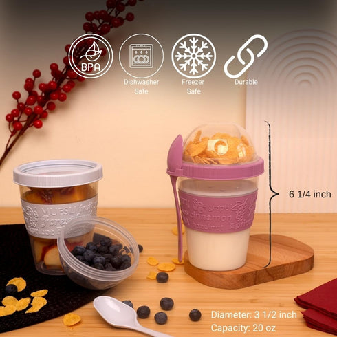 4 Pack 20 oz Set 4 Salda Breakfast On the Go Cups, Take and Go Yogurt Cup with Topping Cereal Cup with spoon, Overnight