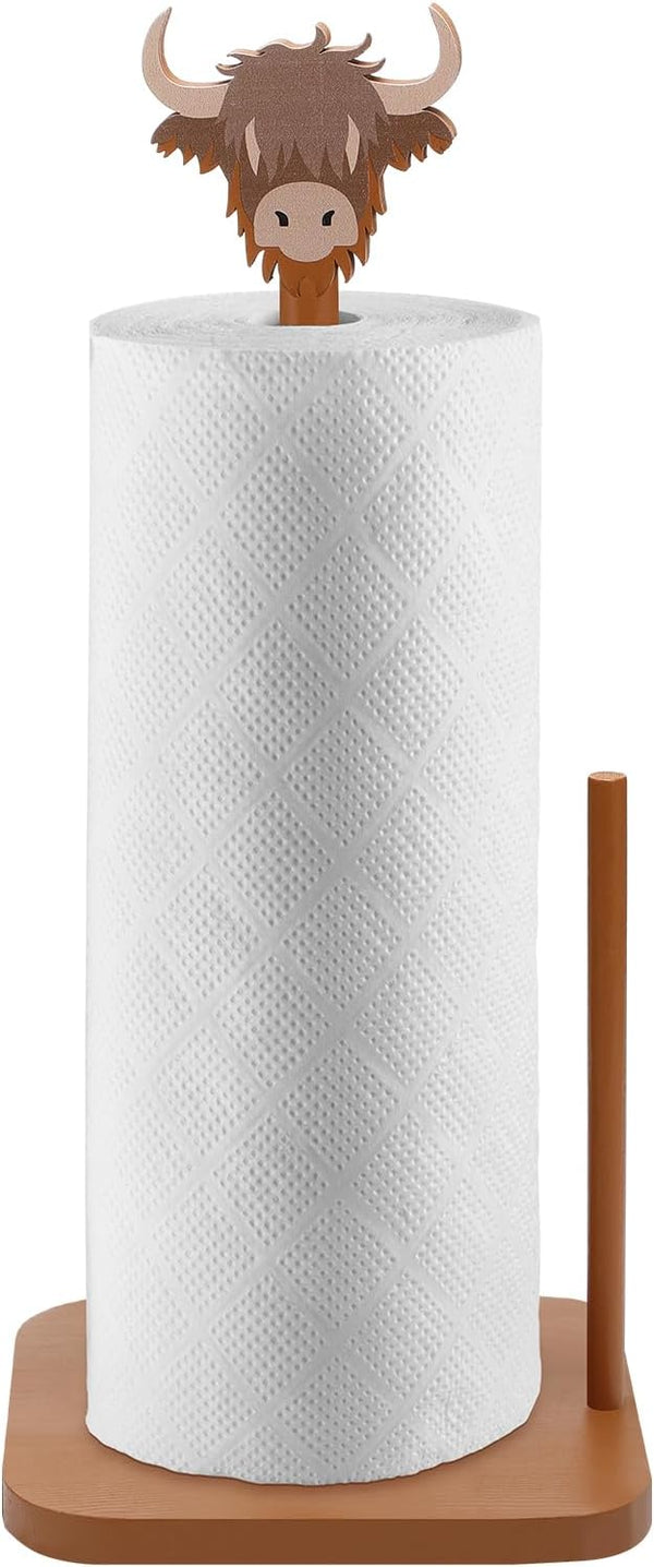 Leinuosen Brown Paper Towel Holder Cute Highland Cow Wooden Paper Towel Holder Brown