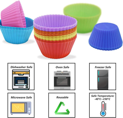 24 Pack Silicone Baking Cups - Reusable Muffin Liners, Non-Stick Cup Cake Molds Set in Standard Size, 8 Rainbow Colors