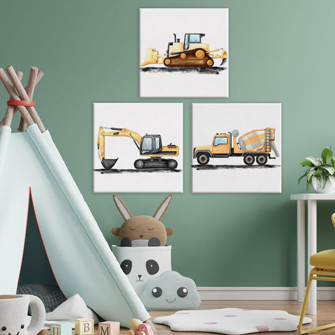 brayqu Set 3 12x12 Inch of Construction Nursery Canvas Wall Art Framed Paintings Prints Watercolor Digger Dump Truck