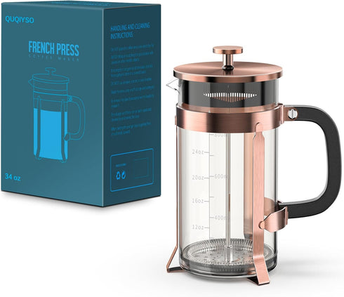 QUQIYSO French Press Coffee Maker, 34oz 304 Stainless Steel with 4 Filter, Borosilicate Glass, Easy to Clean, Copper