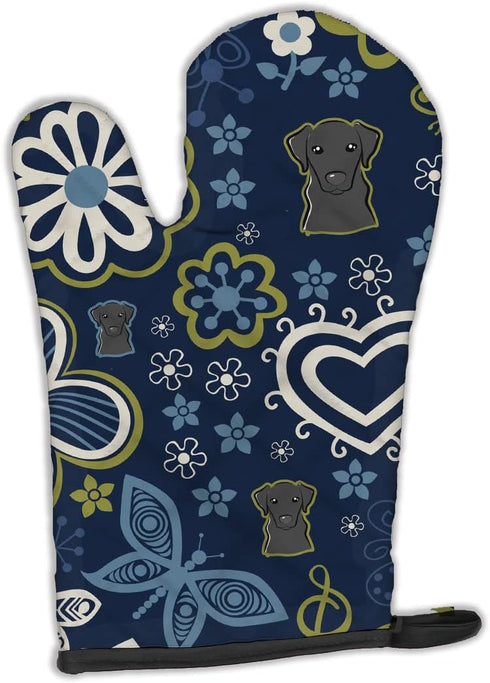 Caroline's Treasures BB5086OVMT Blue Flowers Black Labrador Oven Mitt, Heat Resistant Thick Kitchen Mitt