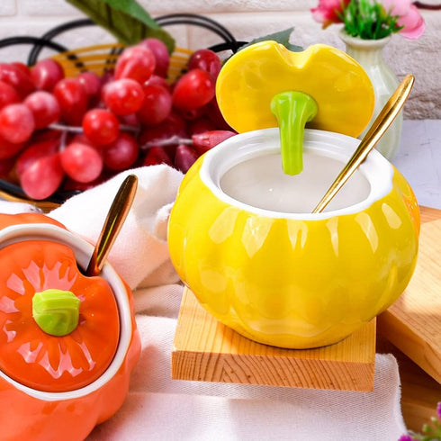 Pumpkin Shape Ceramic Sugar Bowl with Lid and Spoon, Elegant Design for Home and Kitchen, Yellow, 10.5 OZ