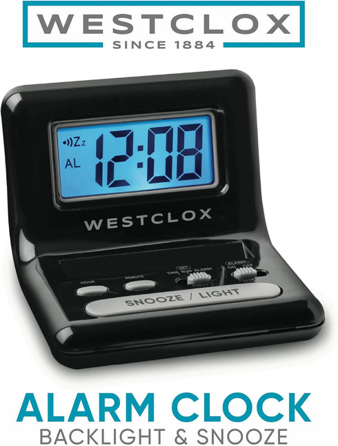 Westclox LCD Digital Bedside Alarm Clock, Black, 3-Inch, Battery Operated with Blue Backlit Display and Snooze Function