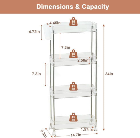 4-Tier VECELO Acrylic Rolling Cart, Slim Utility Cart for Storage, Mobile Storage Cart with Lockable Wheels