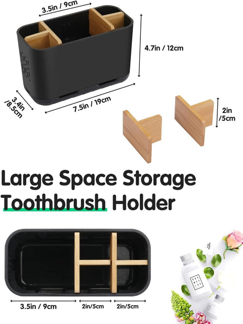 Black Bamboo Toothbrush Holder, Electric Kids Toothpaste Organizer with Drainage for Bathroom Countertop Storage