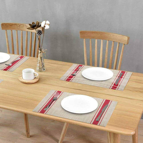 GIVERARE Placemats Set of 4, Stripe Red Heat-Resistant Woven Vinyl, Non-Slip Washable PVC Table Mat for Dining