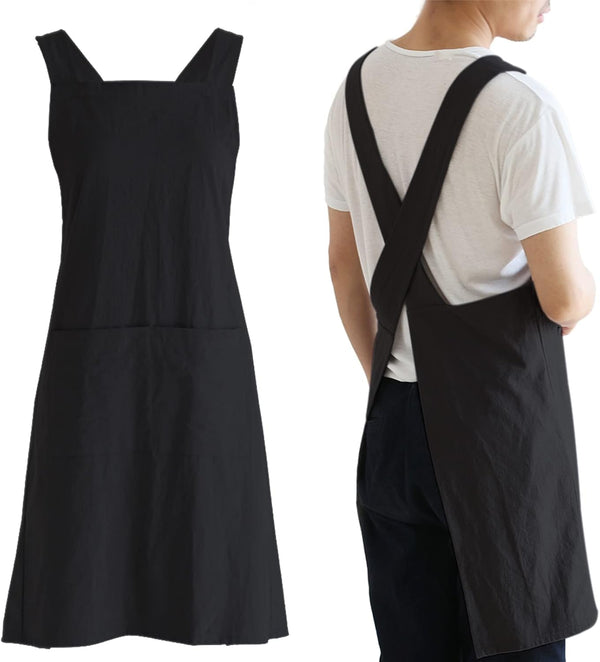 NEWGEM Japanese Linen Cross Back Kitchen Cooking Aprons for Men with Pockets, Black