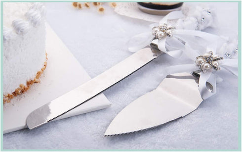 TIHOOD Set of 2 Rustic Wedding Cake Knife and Serving Set with Twine Heart Love Wood Tag and Burlap Lace