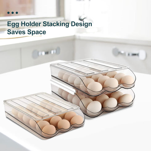 Egg Holder, Automatically Rolling Egg Storage Container for Refrigerator, Large Capacity Organizer with Lid, Clear