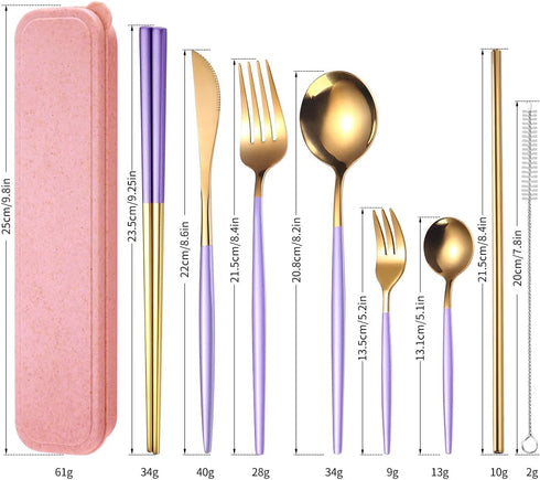 AARAINBOW 8 Pieces Stainless Steel Flatware Set Portable Reusable Cutlery Set Travel Utensils Set Including Chopsticks Knife Fork Spoon Straws Cleaning Brush Dishwasher Safe (Purple Golden) by AARAINBOW