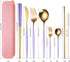 AARAINBOW 8 Pieces Stainless Steel Flatware Set Portable Reusable Cutlery Set Travel Utensils Set Including Chopsticks Knife Fork Spoon Straws Cleaning Brush Dishwasher Safe (Purple Golden) by AARAINBOW