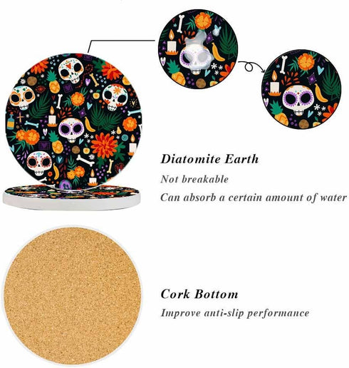 oFloral 4 Inch Floral Skull Coasters for Drinks Day of The Dead Bone Colorful Ethnic Mexico Drink Coaster Round