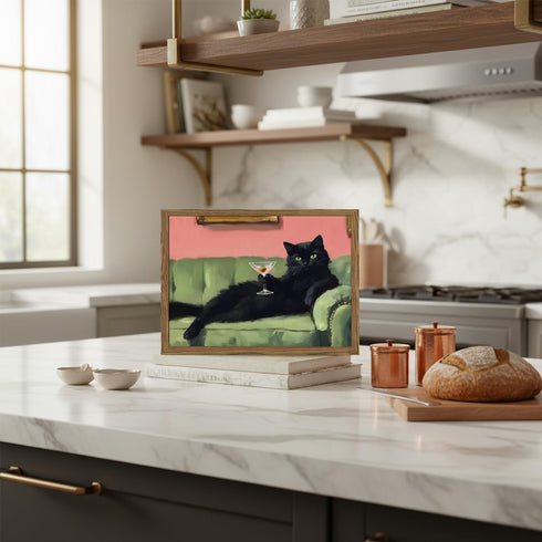 8x10 inch Funny Black Cat Martini Wall Art Eclectic Whimsical Cat Wall Decor Cocktail Bar Cart Painting Canvas Print