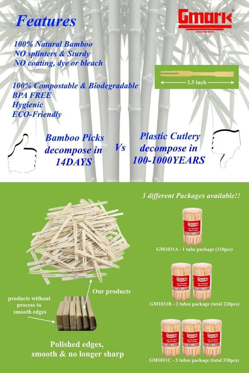 Gmark Bamboo Mini Forks 3.5 Inch, 330pc Bamboo Fruit Picks & Cocktail Forks for Appetizer, Dessert