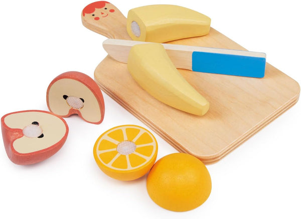 Smiley Fruit Chopping Board Toy Set - 8pc Wood Chopping Board with Play Knife & Choppable Fruits for Toddlers Age 2+