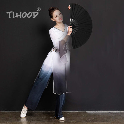 TIHOOD 2PCS Large Folding Silk Hand Fans - Black Chinese Tai Chi Fans for Men and Women Performance, Dance, Gift