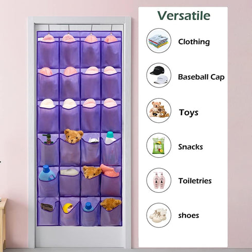 24 4 Over The Door Hanging Shoe Organizer Shoe Rack Hanger Large Fabric Pockets Holder with Sturdy Hooks (PURPLE)