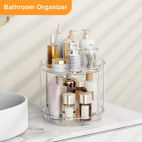 klyoca 360 2 Counter Rotating Makeup Organizer Tier Lazy Susan Turntable Organizer, Clear Bathroom Organizer