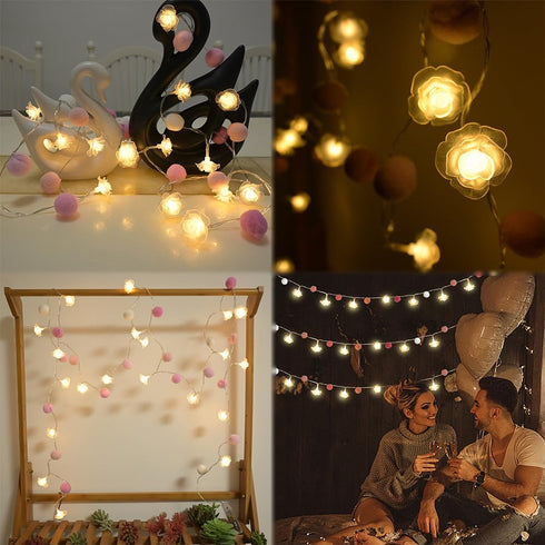 ChiRee 9.85Ft 20 20 String Lights Cute Pink Pompoms LEDs Rose Fairy Lights Garland Battey Operated with Timer Flower