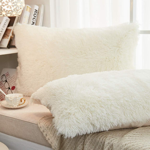 JAUXIO Long Faux Fur Soft Decorative Pillowcase, Set of 2 Velvet Shaggy Cushion Covers, King Size (20X36 Inches)