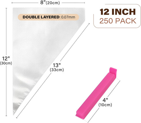 LotFancy 250pcs Disposable 12 Inch Piping Bags, Anti-Burst Icing Bags with 5 Clips for Cake and Cookie Decoration