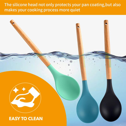 3 Pcs Large Silicone Spoon with Wooden Handle, Mixing Spoons for Cooking Baking Stirring, Nonstick Heat-Resistant