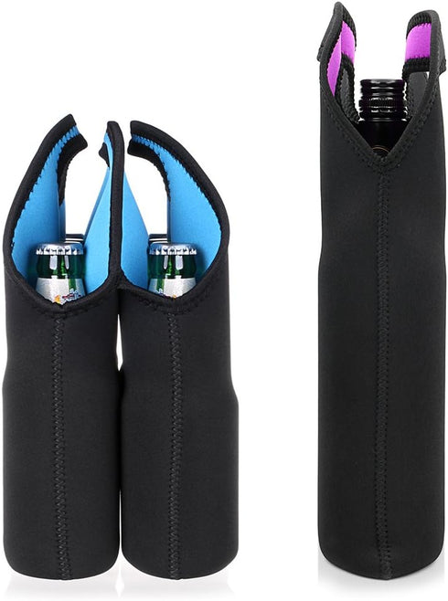 Hipiwe Set of 2 - Insulated Neoprene Wine Carrier Tote Bag + 6 Pack Beer Water Can Carrier Tote Bottle Holder Bottle Cooler Bag - Perfect for Travel with Secure Carry Handle