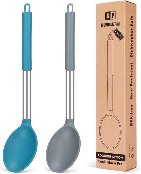 Pack of 2 Large Silicone Cooking Spoon - Non Stick Solid Basting Spoons, Heat-Resistant Kitchen Utensils for Mixing,