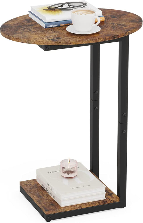 Hosfais Side Table Small End Table, C-Shaped Wood Sofa Table with Metal Frame for Living Room, Bedroom, Small Spaces
