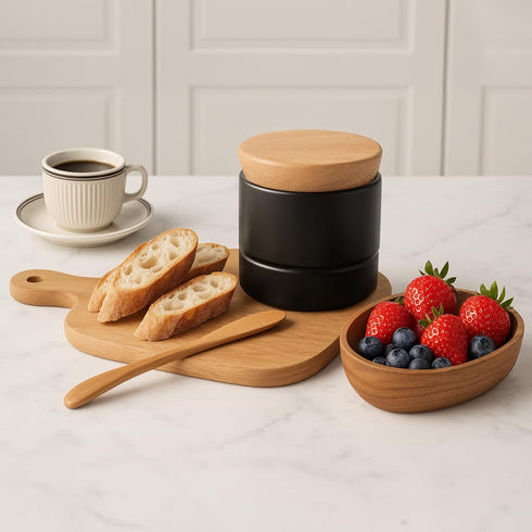 Countertop French Butter Dish,Samseel Porcelain Butter Crock with Water Line and Thick Wooden Lid, a Butter Keeper