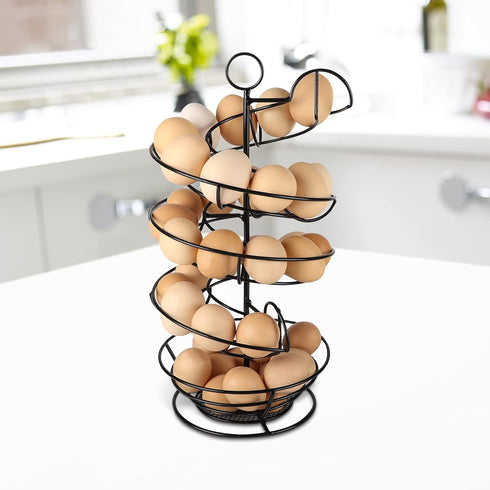 Countertop, QUTREY Black Metal Egg Skelter with Storage Basket, Spiral Design Egg Holder for Large Egg for Kitchen