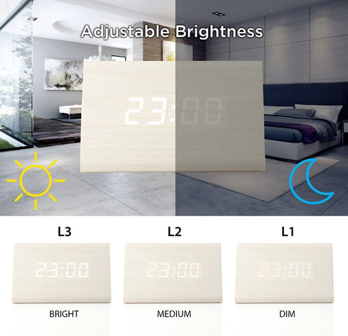OCT17 Wooden Wood Clock, New Version LED Alarm Digital Desk Clock Adjustable Brightness, Displays Time Date Temperature