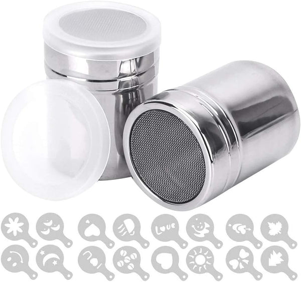 2Pcs Stainless Steel Sugar Shaker with 16Pcs Coffee Stencils Template Duster for Cocoa Flour Icing Sugar
