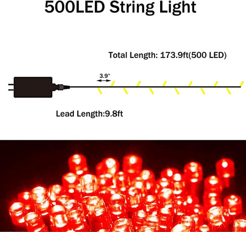 500 LED Christmas Light Red - Indoor String Light Plug in Twinkling Hanging Tree Lights for Party, Bar, Bedroom,