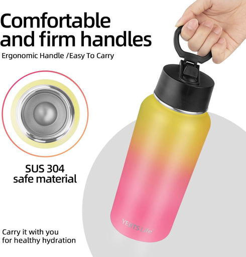Insulated Water Bottle With Straw, 32 oz Vacuum Stainless Steel Flask with 2 Lids & Straws, Metal for Gym Travel