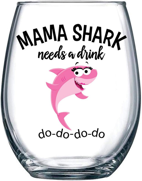 Mama Shark Needs a Drink Funny Stemless Wine Glass - Mom Gift for Birthdays, Mother's Day, Holidays