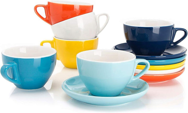 Sweese 6 Ounce Cappuccino Cups with Saucers, Porcelain Double Espresso Cups Set (Assorted Colors)