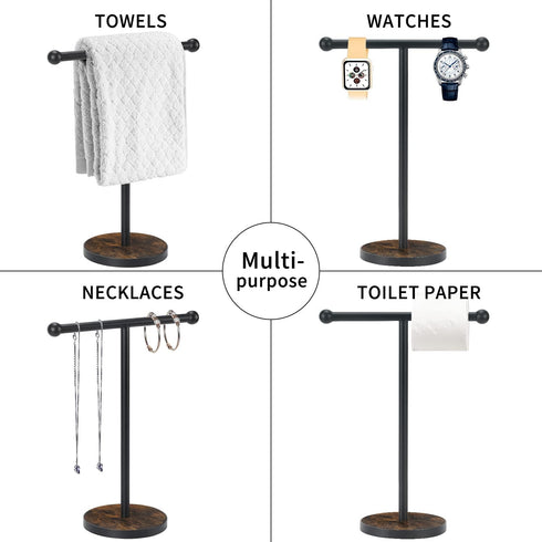 Hand Towel Holder Stand, Matte Black T-Shape Free Standing Holder for Bathroom, Heavy Base, 15” Height Wood Countertop